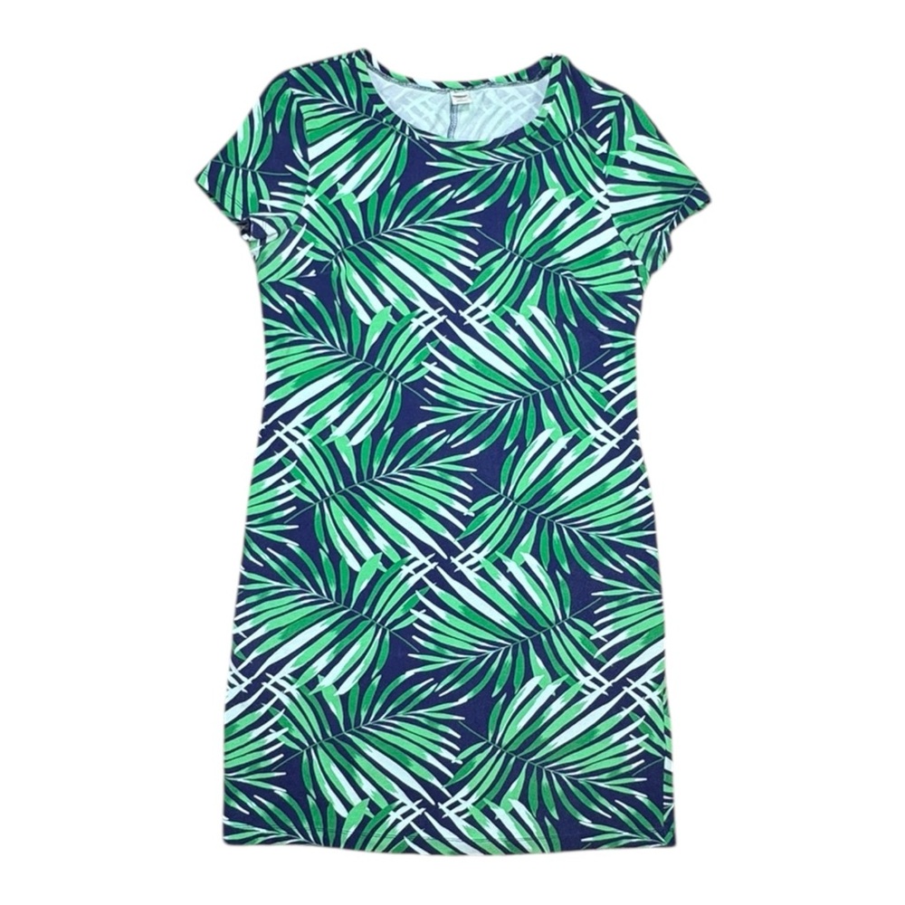 Old Navy Women’s Navy Green Tropical Palm Leaf Mini Dress Short Sleeve Medium